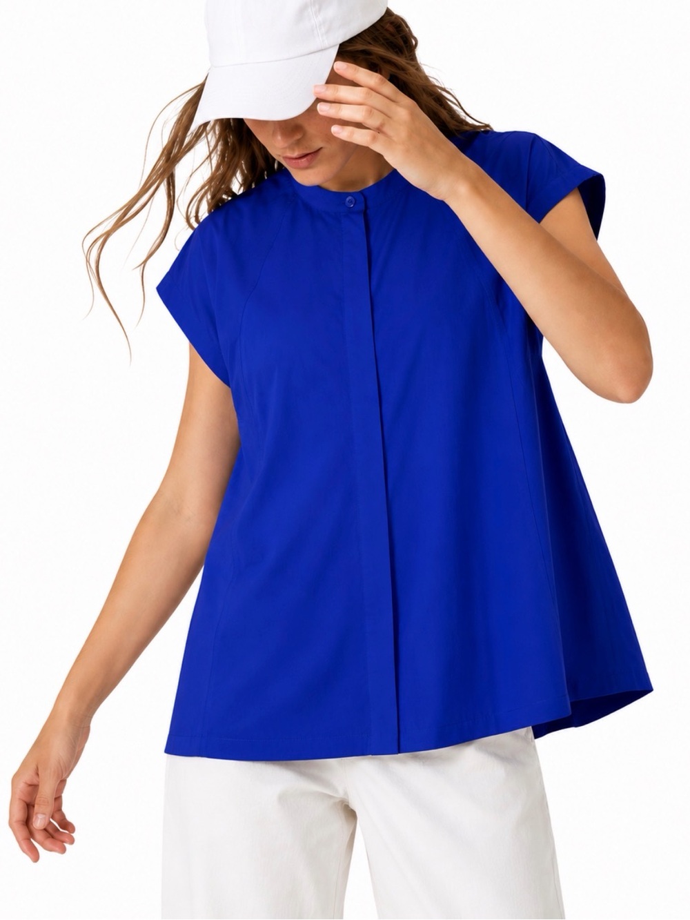 Athleta Women’s XL Royal Blue Cap Sleeve Blouse Top Hidden Button Lightweight